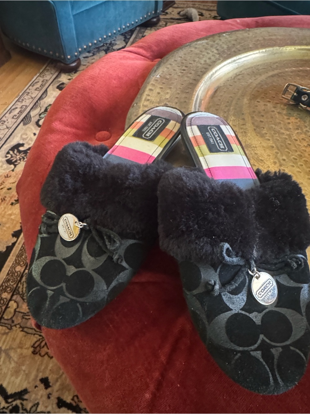 Coach Black Signature Logo Shearling Slide Slippers with Striped Insole